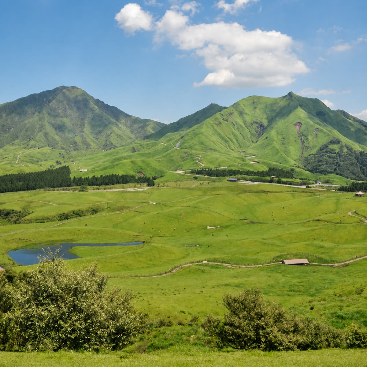 阿蘇の草原地帯と山々の風景